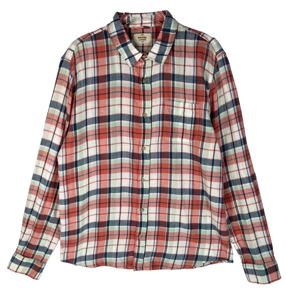 Marine Layer Men's Large Shirt Linen & Cotton Button Down Blue Red Plaid Pocket